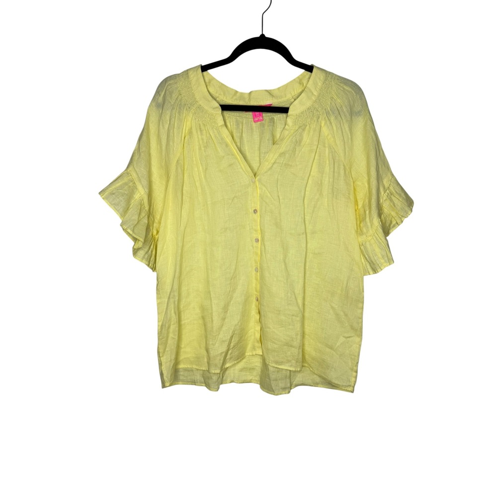 Lilly Pulitzer Tayla Yellow‎ Linen Ruffle Sleeve Button Down Smocked Blouse M